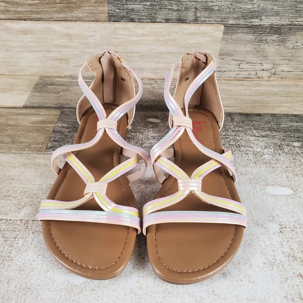 Jellypop Marita Kids Flat Sandals Sz 2 M Pastel Multi Leather Back Zip Open Toe